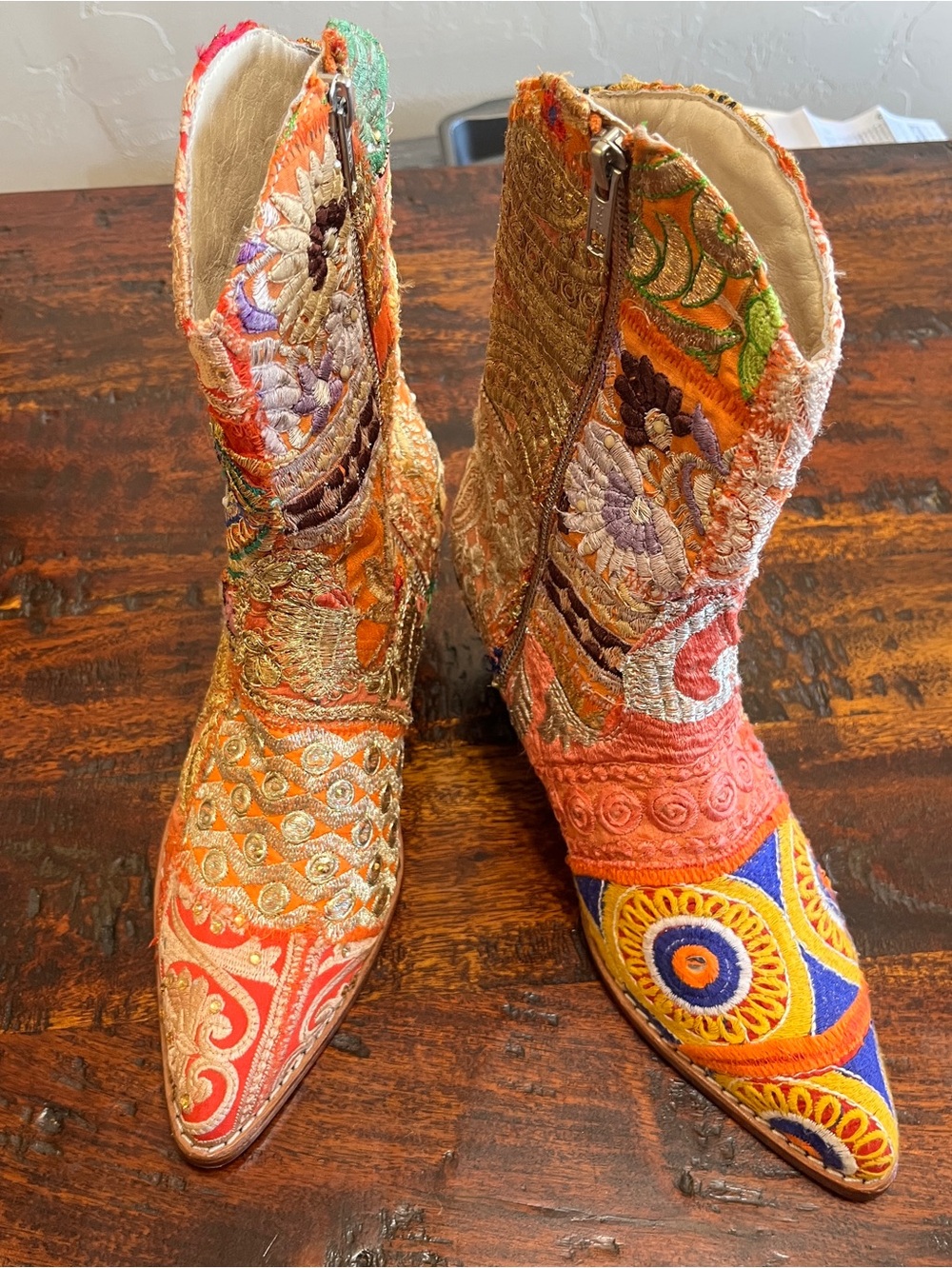 MOMO NewYork Embroidered Orange Multi Western Sunny Days Vibrant Ankle Boots NEW